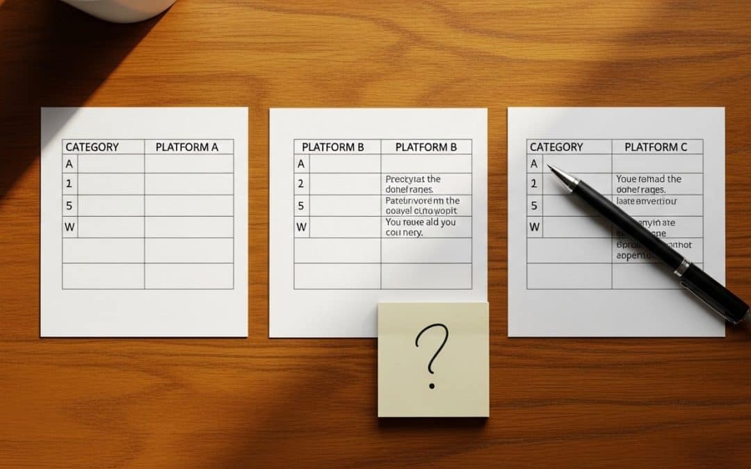 Klaviyo vs Mailchimp vs Omnisend South Africa — three printed platform summary cards arranged side by side on a wooden desk with a pen pointing at one