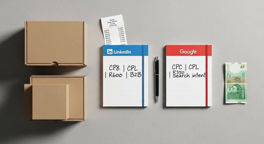 LinkedIn Ads vs Google Ads South Africa — two branded notepads side by side labelled LinkedIn and Google showing handwritten campaign metrics on a desk