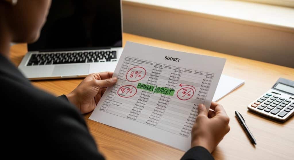 Marketing budget management shown over the shoulder of a person reviewing a printed marketing budget spreadsheet with channel allocations and Rand figures highlighted in different colours