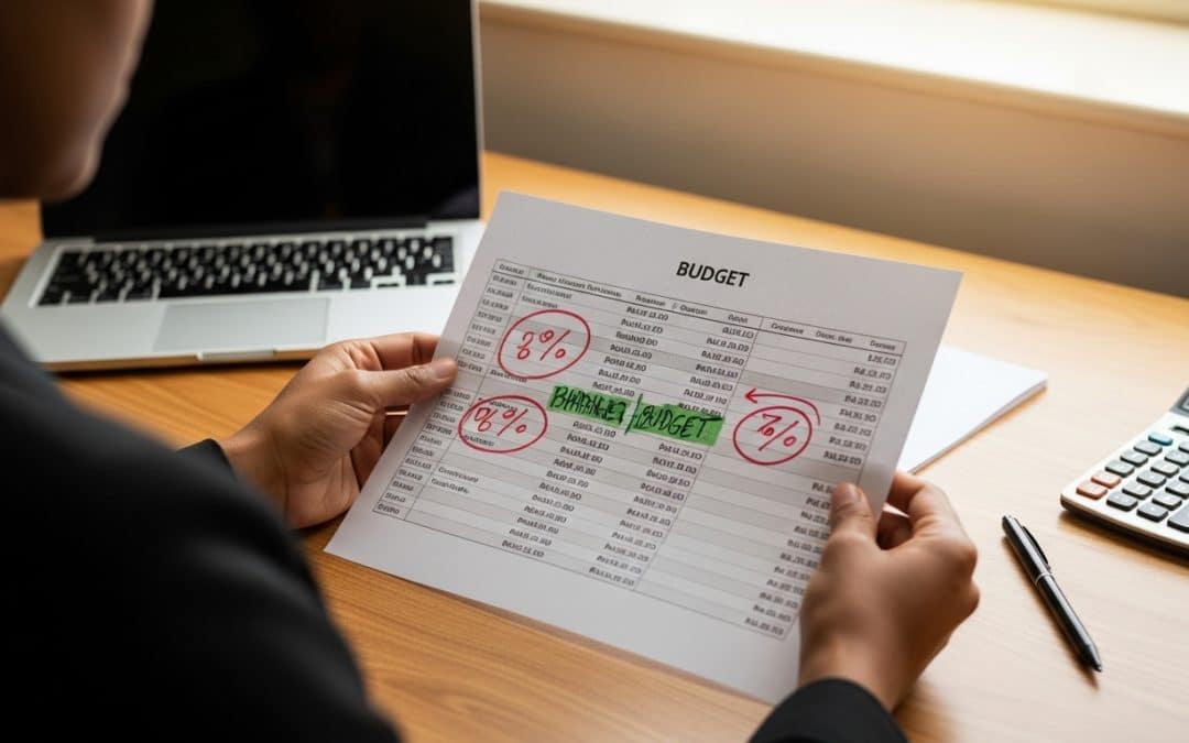 Marketing budget management shown over the shoulder of a person reviewing a printed marketing budget spreadsheet with channel allocations and Rand figures highlighted in different colours
