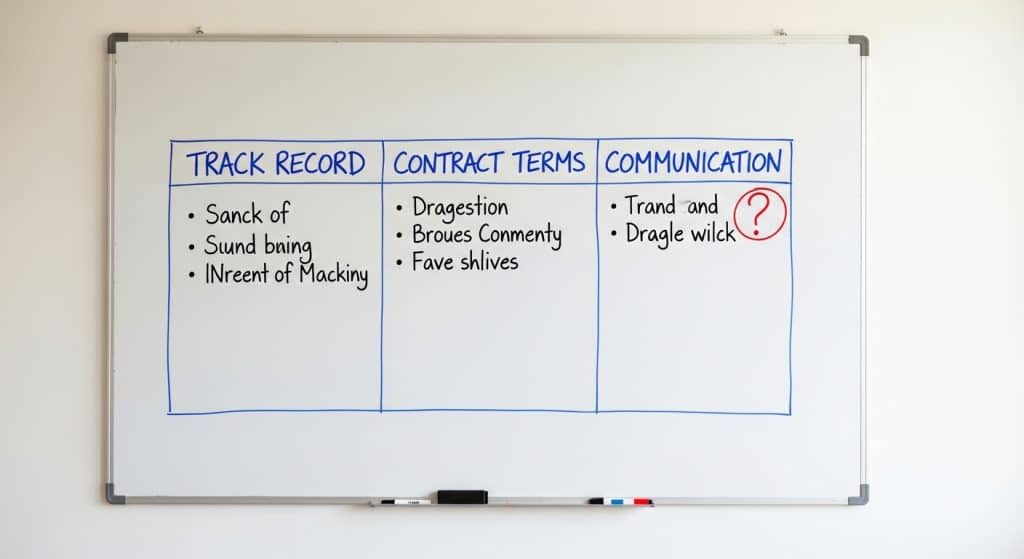 Marketing partner South Africa due diligence framework drawn on a whiteboard with three columns labelled Track Record, Contract Terms, and Communication Cadence with handwritten bullet points under each