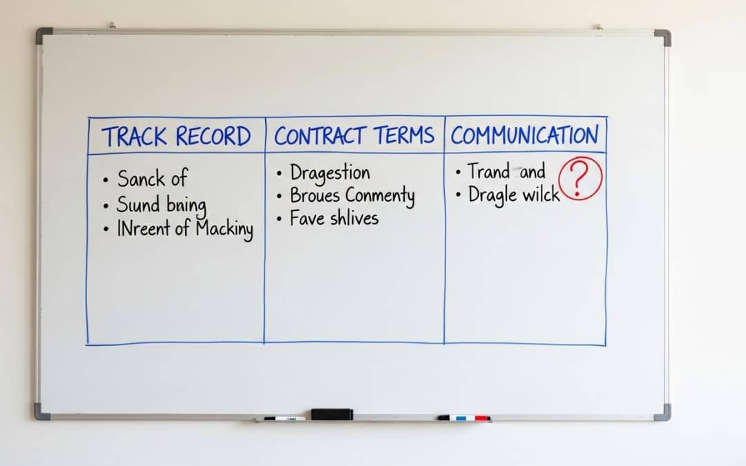 Marketing partner South Africa due diligence framework drawn on a whiteboard with three columns labelled Track Record, Contract Terms, and Communication Cadence with handwritten bullet points under each
