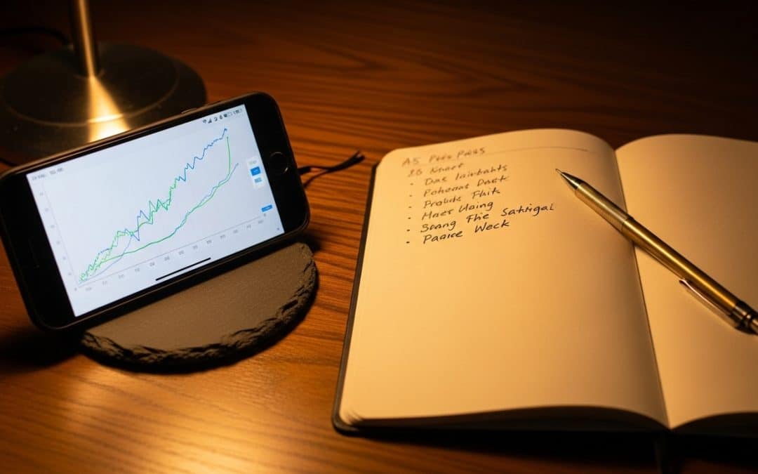 Organic traffic South Africa — smartphone showing a rising analytics graph propped beside an open notebook