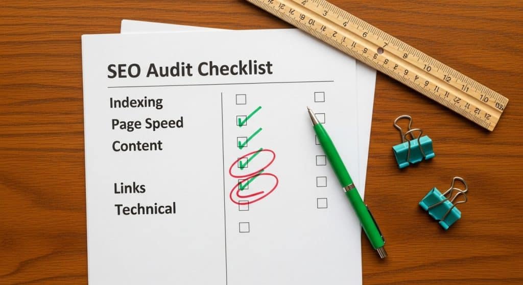 SEO audit South Africa — a printed SEO audit checklist with red and green pen annotations spread across a wooden desk beside a ruler and binder clips