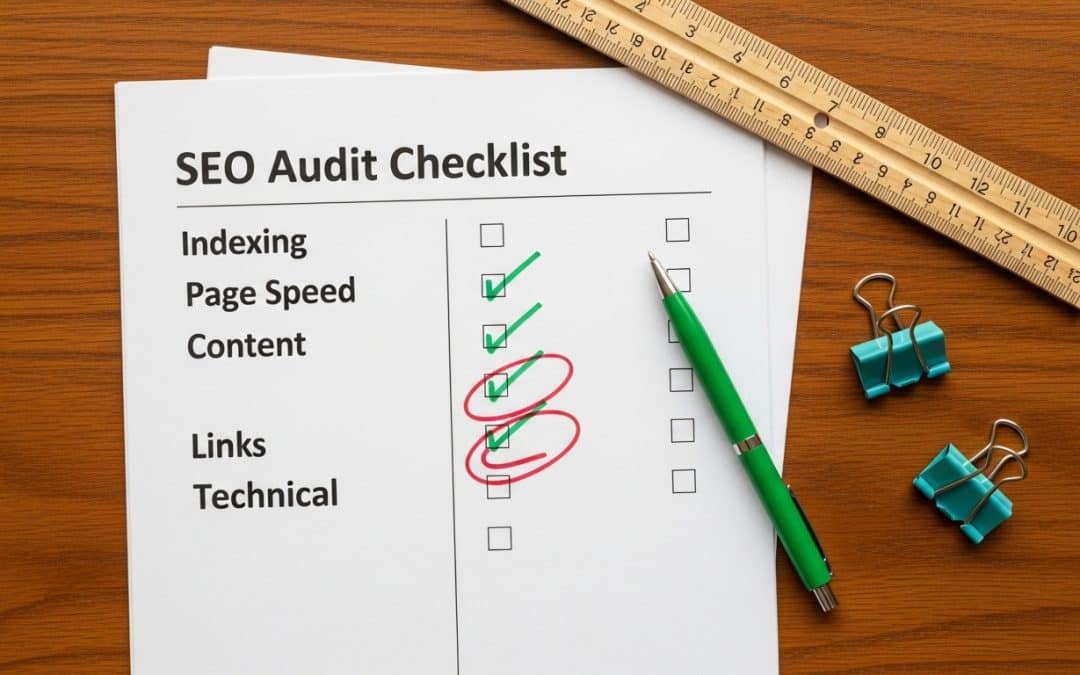 SEO audit South Africa — a printed SEO audit checklist with red and green pen annotations spread across a wooden desk beside a ruler and binder clips
