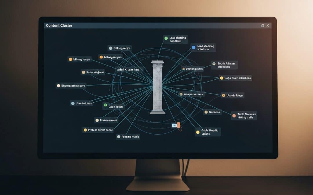 SEO content strategy South Africa — content cluster diagram displayed on a large monitor showing interconnected blog posts and pillar pages for a South African website