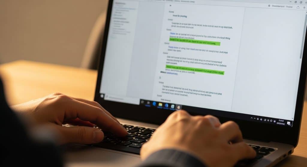 SEO copywriting South Africa — a person's hands on a keyboard with a document open on screen showing headings and highlighted keyword phrases