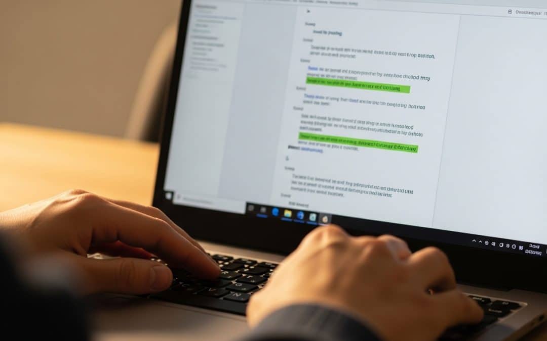 SEO copywriting South Africa — a person's hands on a keyboard with a document open on screen showing headings and highlighted keyword phrases
