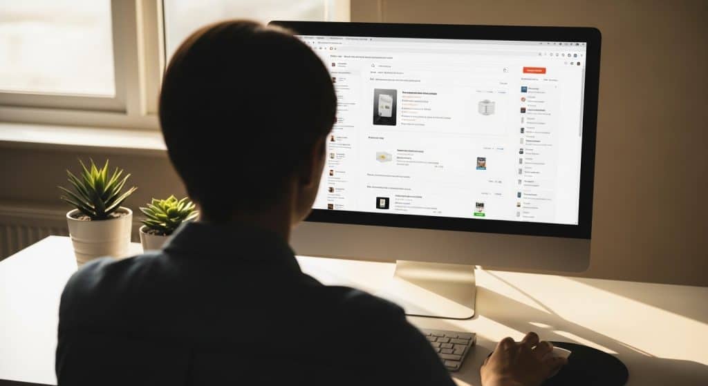 SEO for ecommerce South Africa — person working behind a desktop monitor showing product search results