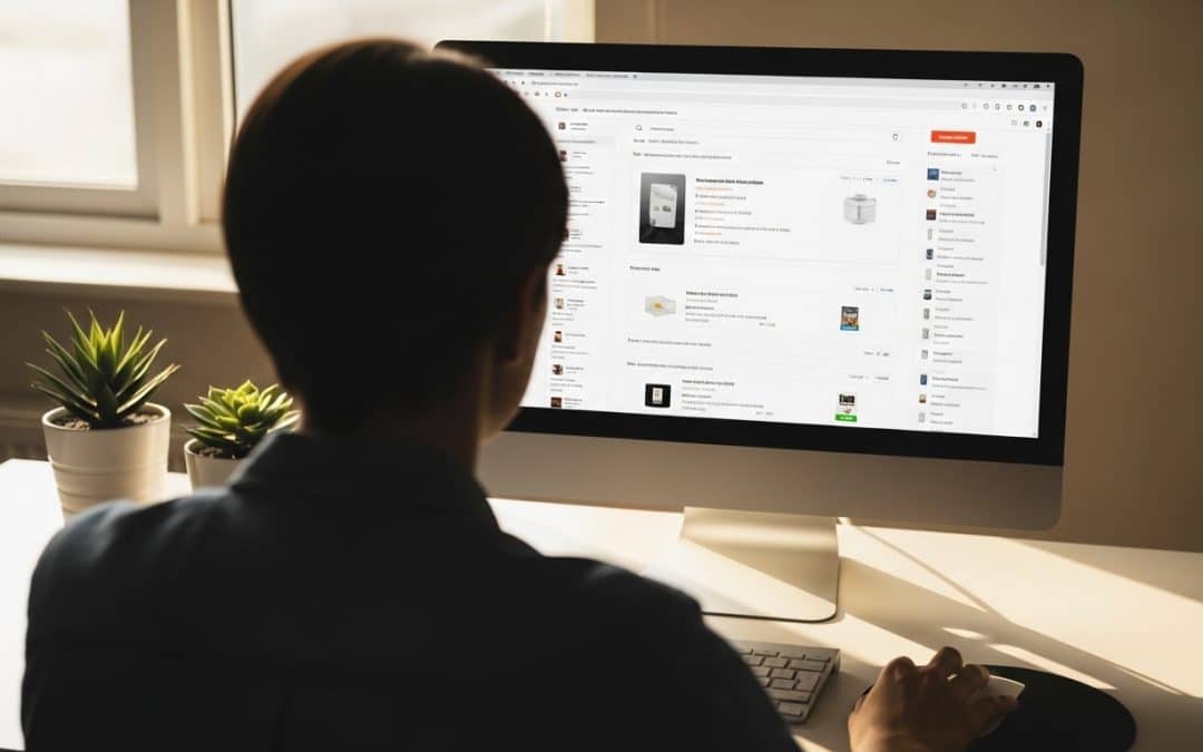 SEO for ecommerce South Africa — person working behind a desktop monitor showing product search results
