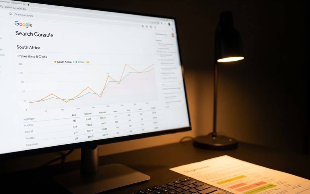 SEO statistics South Africa 2026 — Google Search Console dashboard showing South African organic search performance data on a widescreen monitor
