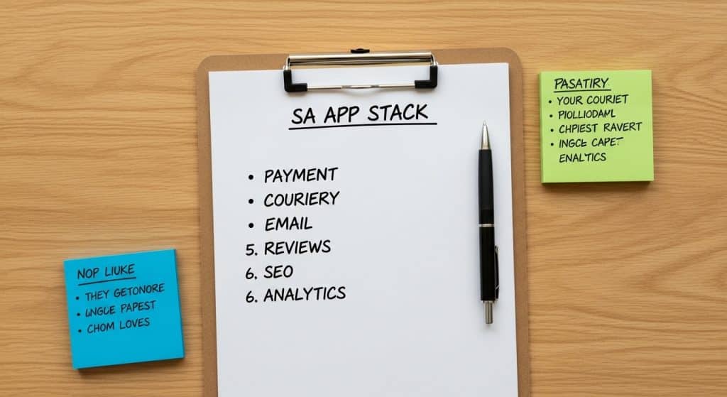 Shopify apps for South African stores — a handwritten SA app stack list on a clipboard notepad beside branded sticky notes on a wooden desk