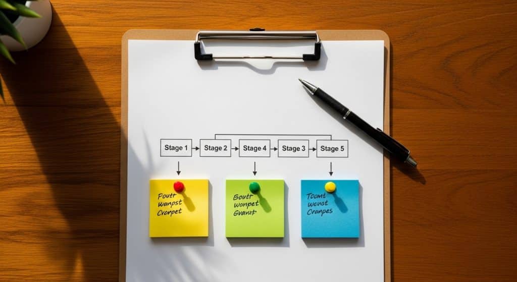 Shopify email marketing strategy South Africa — a printed email flow diagram on a clipboard with coloured sticky notes marking key stages on a wooden desk