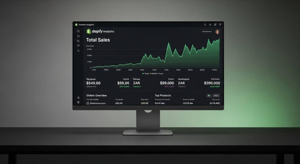 Shopify growth strategy South Africa — Shopify admin dashboard showing revenue analytics and order growth for a South African ecommerce store