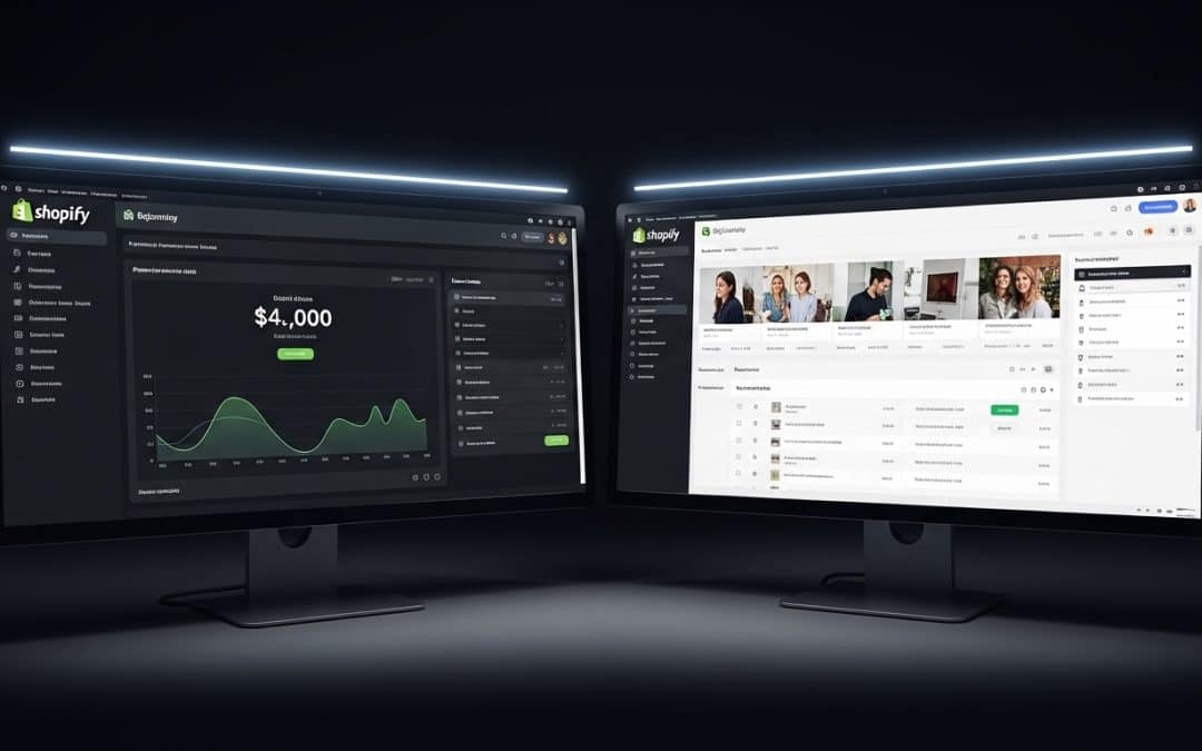 Shopify vs BigCommerce South Africa — split-screen showing Shopify admin dashboard on the left monitor and BigCommerce admin on the right for SA store comparison