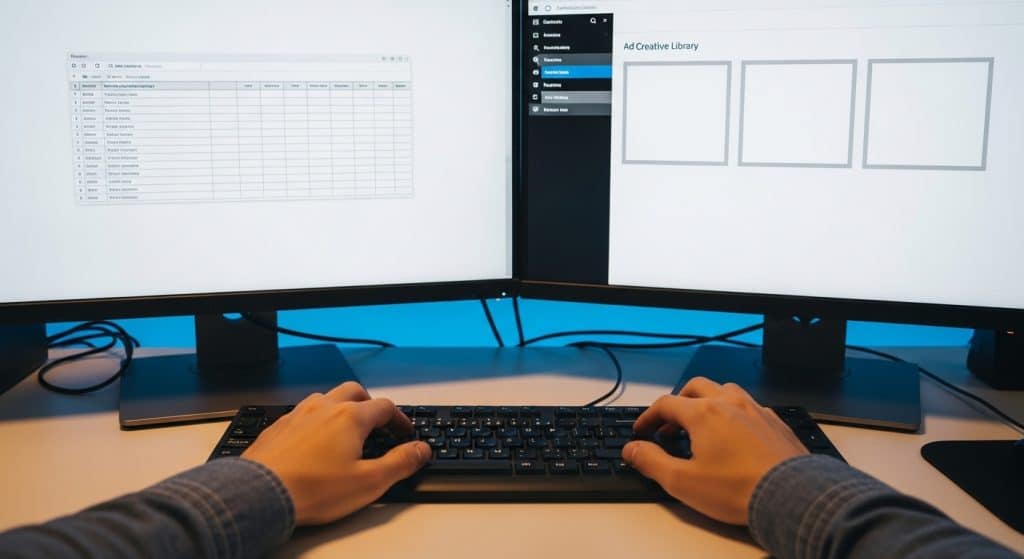 Social media advertising costs South Africa — two hands typing on a keyboard in front of a dual monitor setup showing a campaign budget interface