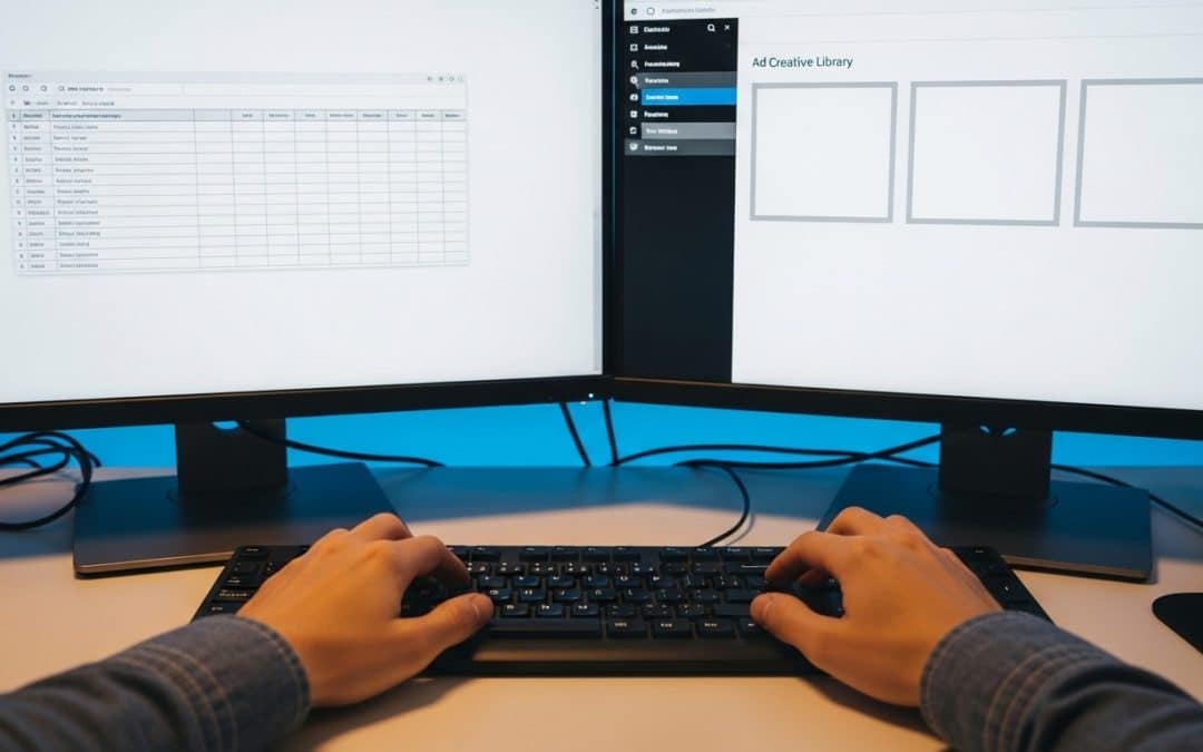 Social media advertising costs South Africa — two hands typing on a keyboard in front of a dual monitor setup showing a campaign budget interface