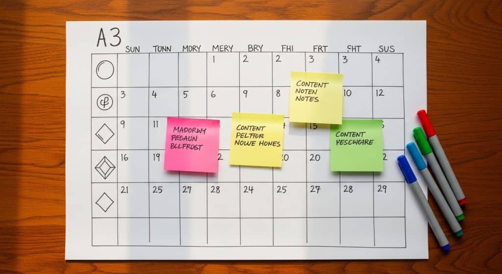 Social media strategy South Africa — a hand-drawn platform content calendar on a large sheet of paper with sticky notes and coloured markers on a wooden table