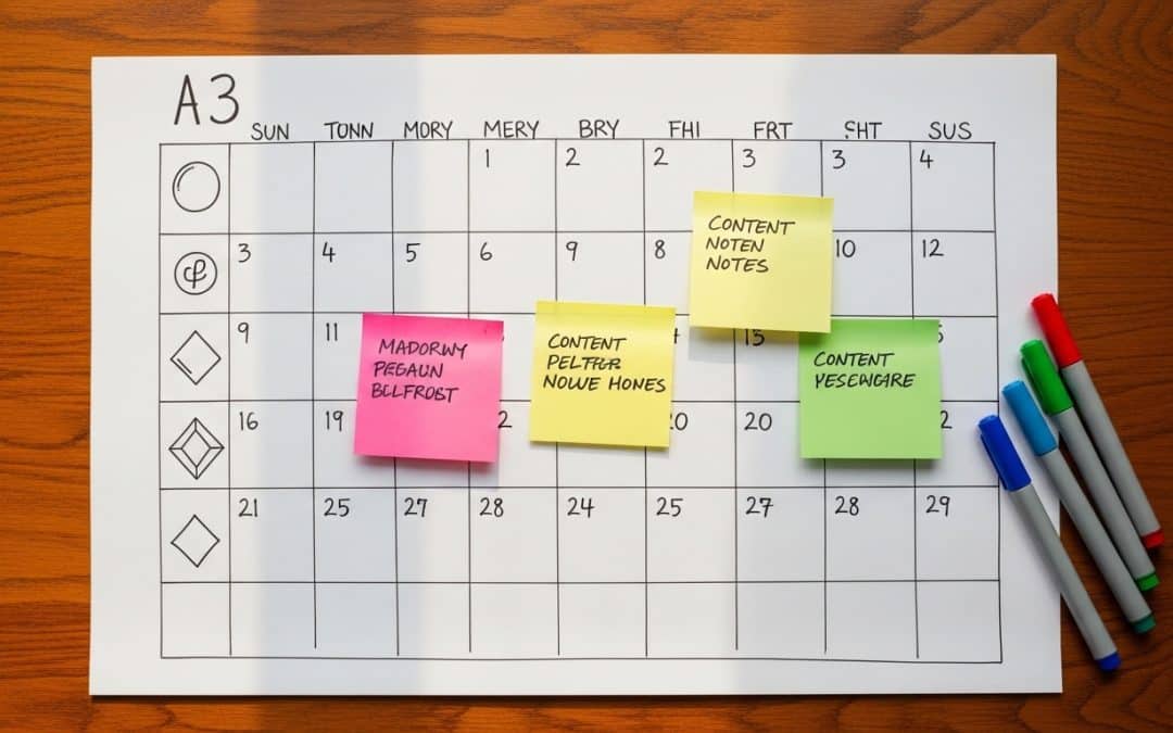 Social media strategy South Africa — a hand-drawn platform content calendar on a large sheet of paper with sticky notes and coloured markers on a wooden table