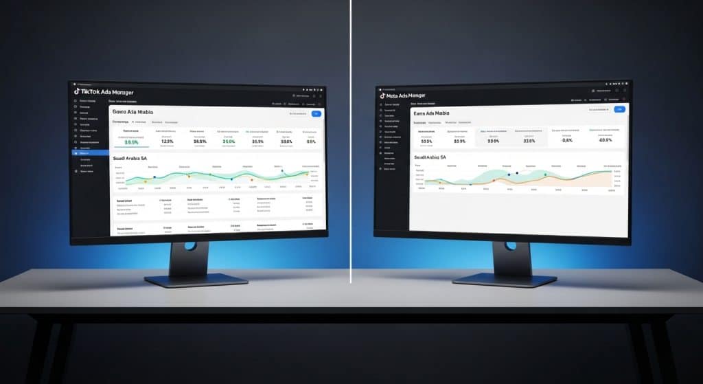 TikTok vs Facebook Ads South Africa — split-screen showing TikTok Ads Manager and Meta Ads Manager dashboards side by side on dual monitors