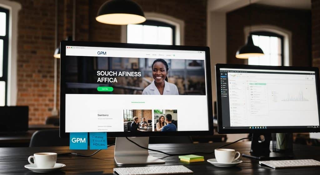 Web design agency Johannesburg — team reviewing a live website build on a large monitor in a modern Johannesburg studio