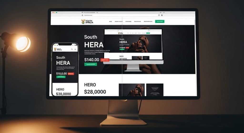Web design strategy South Africa — large monitor displaying a South African business website in mobile and desktop view simultaneously with clean modern layout