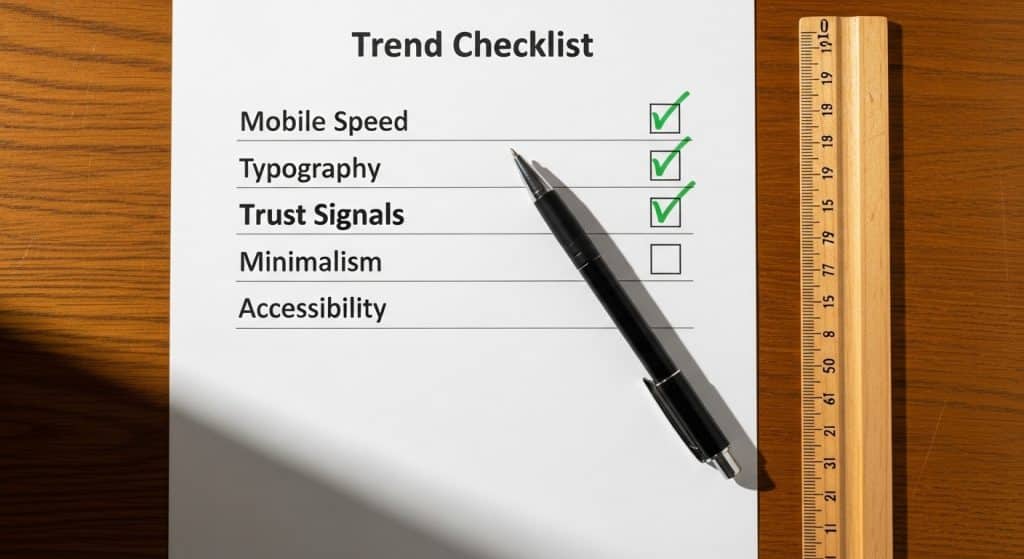 Web design trends South Africa 2026 — a printed web design trend checklist with handwritten annotations on a wooden desk beside a pen and ruler