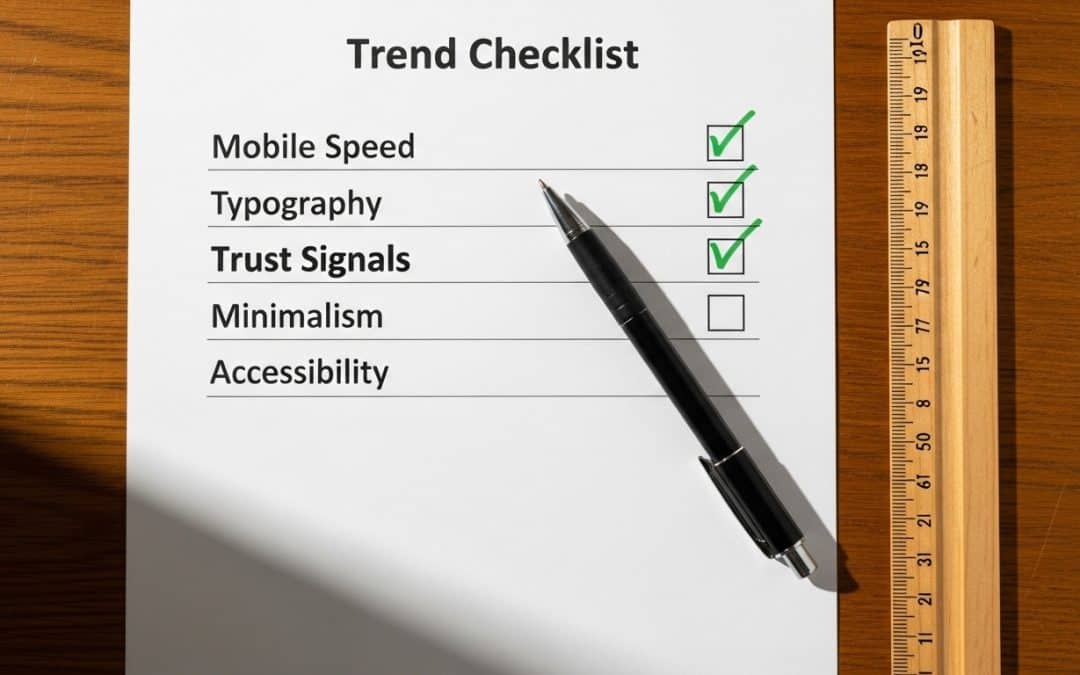 Web design trends South Africa 2026 — a printed web design trend checklist with handwritten annotations on a wooden desk beside a pen and ruler