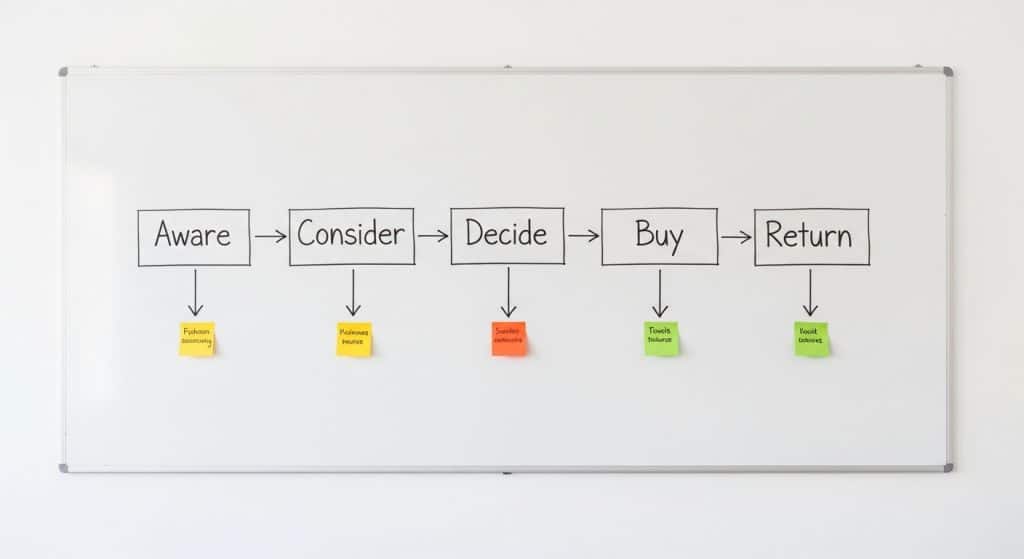 Customer journey in South Africa — a whiteboard showing a five-stage journey map with hand-drawn arrows and sticky notes in a Johannesburg office