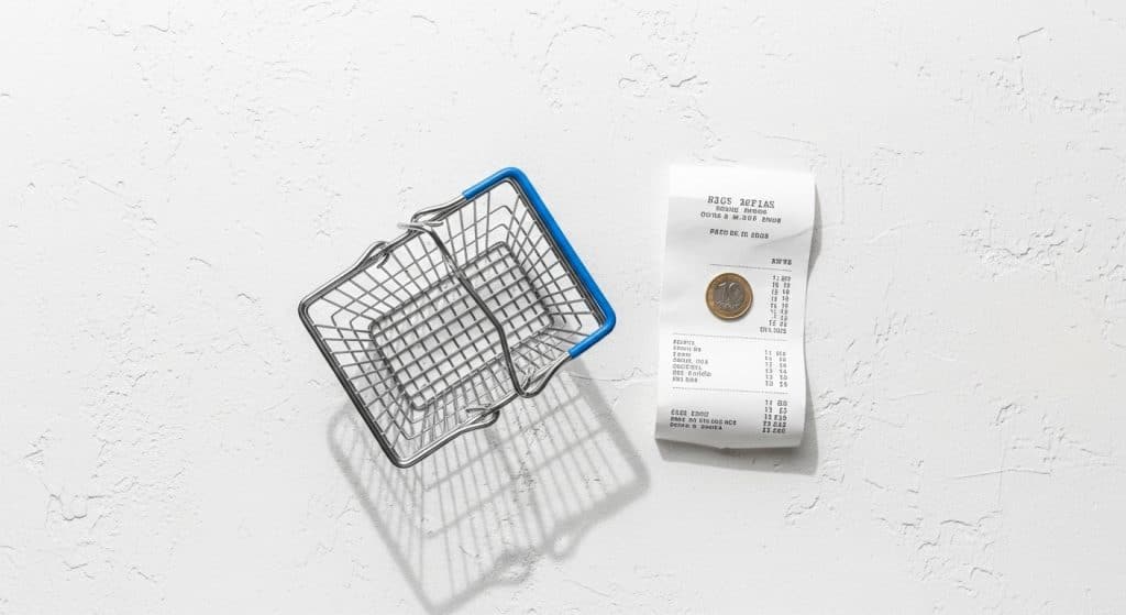 Cart abandonment for SA stores — an empty wire shopping basket tipped on its side next to a printed order receipt on a plain surface