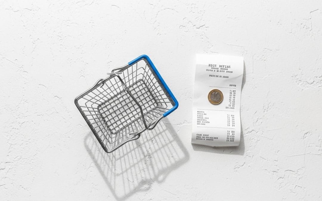 Cart abandonment for SA stores — an empty wire shopping basket tipped on its side next to a printed order receipt on a plain surface