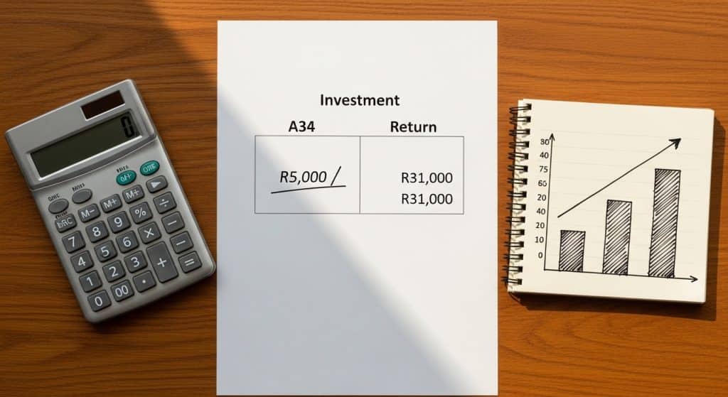 Digital marketing ROI South Africa — a financial calculator, printed ROI calculation sheet with Rand figures, and a bar graph sketch on a wooden desk
