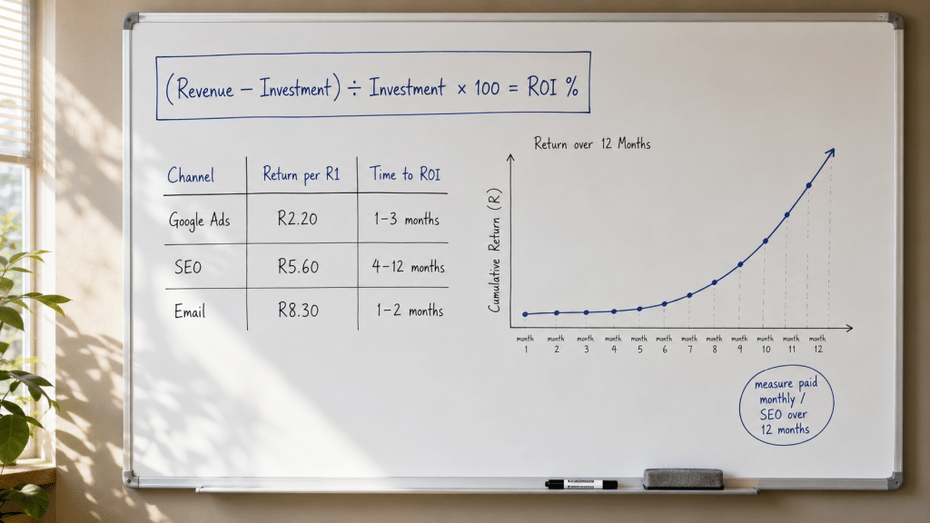 What is digital marketing roi in south africa explained on a whiteboard with the ROI formula, a channel comparison table showing Google Ads SEO and email returns in Rand, and a hand-drawn growth curve