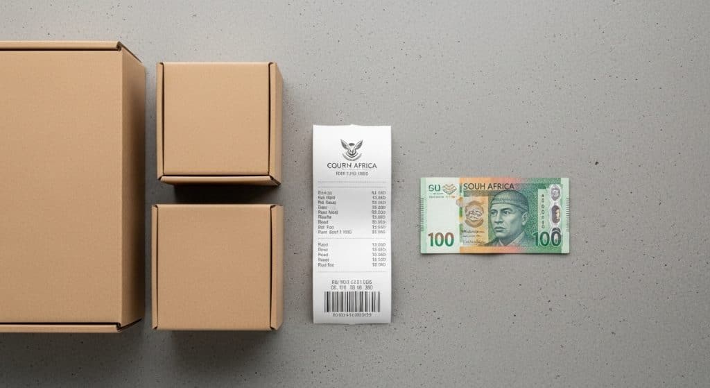 What is ecommerce for SA businesses — cardboard delivery boxes with a PayFast-branded receipt and South African Rand note representing online selling and local payment