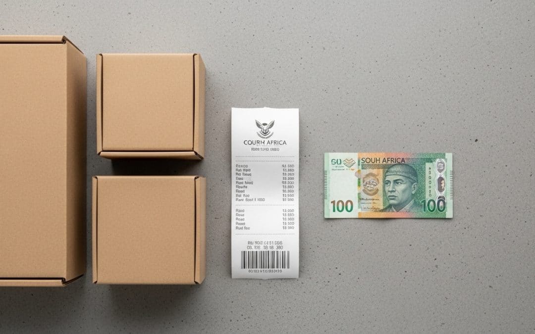 What is ecommerce for SA businesses — cardboard delivery boxes with a PayFast-branded receipt and South African Rand note representing online selling and local payment