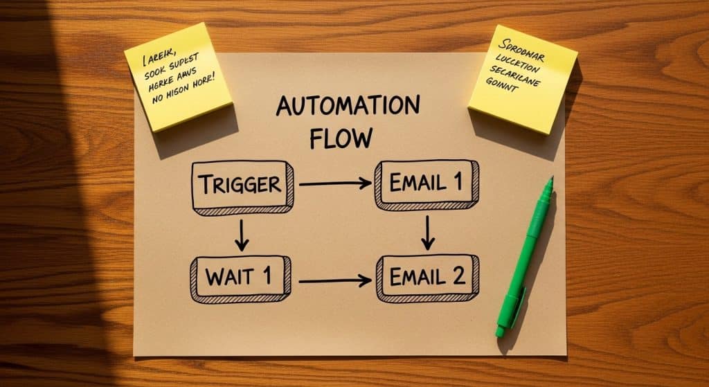 Email automation for ecommerce — a hand-drawn email flow diagram on kraft paper showing trigger points and email sequence steps on a wooden desk