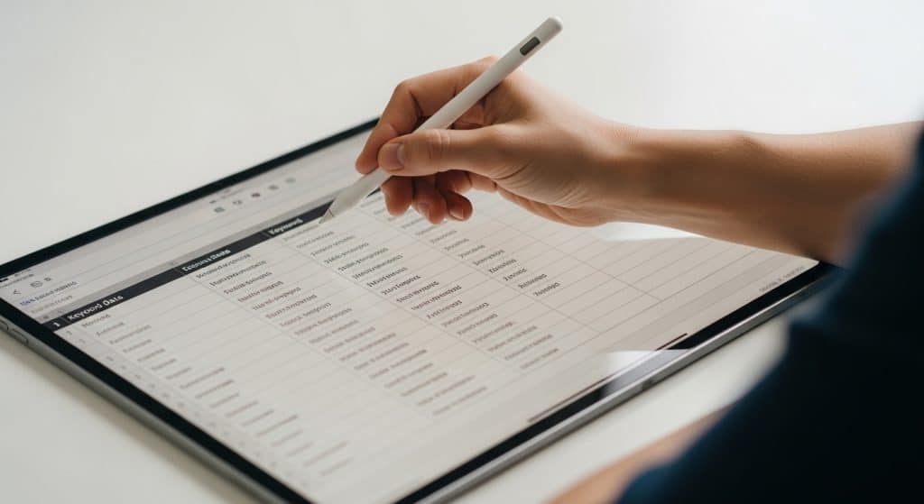 Keyword research for SA businesses — a hand holding a stylus pointer over a tablet screen showing a spreadsheet of keywords with search volume columns