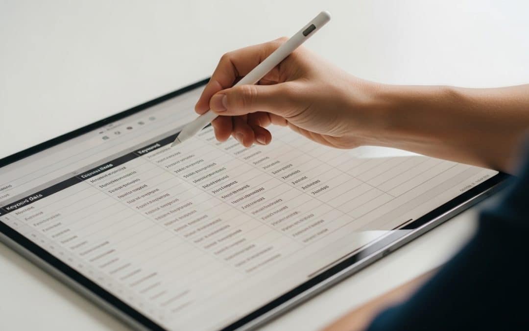 Keyword research for SA businesses — a hand holding a stylus pointer over a tablet screen showing a spreadsheet of keywords with search volume columns