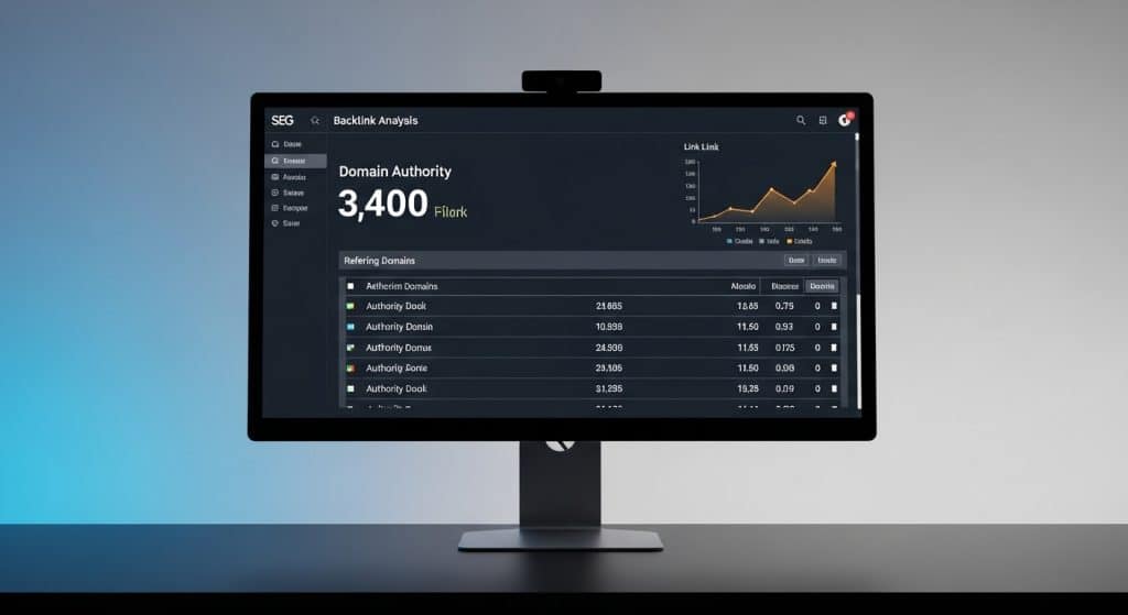 What is link building in South Africa — large monitor displaying a backlink profile analysis tool showing domain authority and referring domains for a South African website