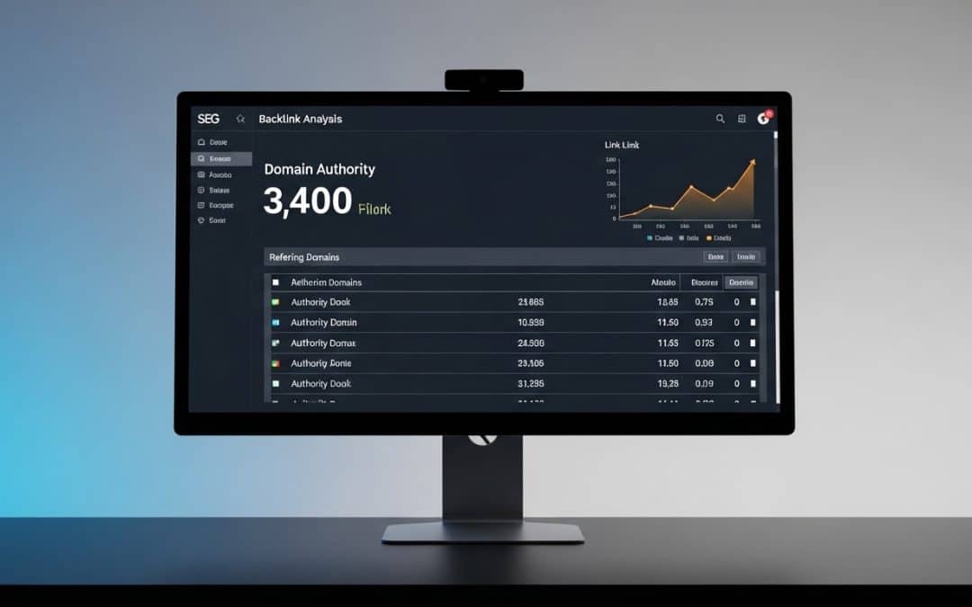 What is link building in South Africa — large monitor displaying a backlink profile analysis tool showing domain authority and referring domains for a South African website