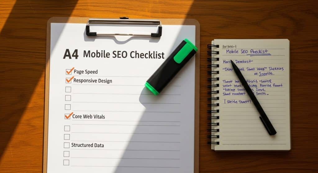Mobile SEO for SA businesses — a printed mobile page speed checklist on a clipboard beside a notepad with audit notes on a wooden desk