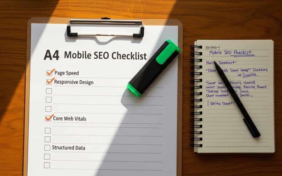 Mobile SEO for SA businesses — a printed mobile page speed checklist on a clipboard beside a notepad with audit notes on a wooden desk