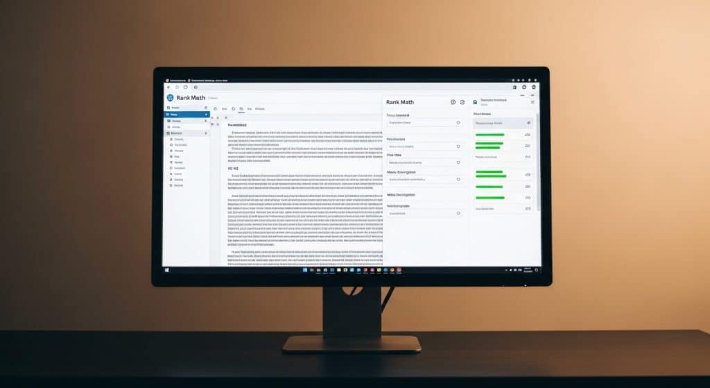 On-page SEO for SA businesses — WordPress post editor with Rank Math SEO panel showing green optimisation scores and focus keyword field for a South African blog post