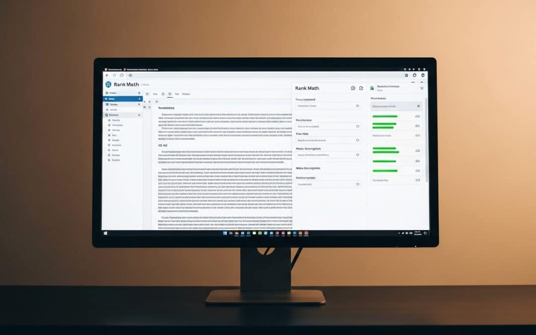On-page SEO for SA businesses — WordPress post editor with Rank Math SEO panel showing green optimisation scores and focus keyword field for a South African blog post