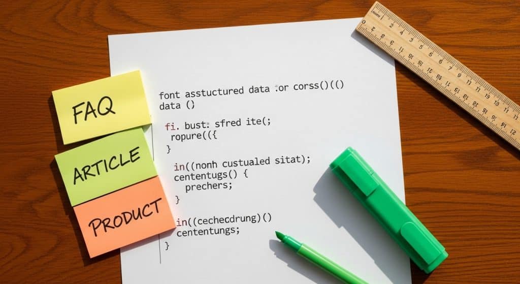 Schema markup in South Africa — a printed JSON-LD code snippet on a wooden desk beside sticky notes labelled with schema types and a green highlighter