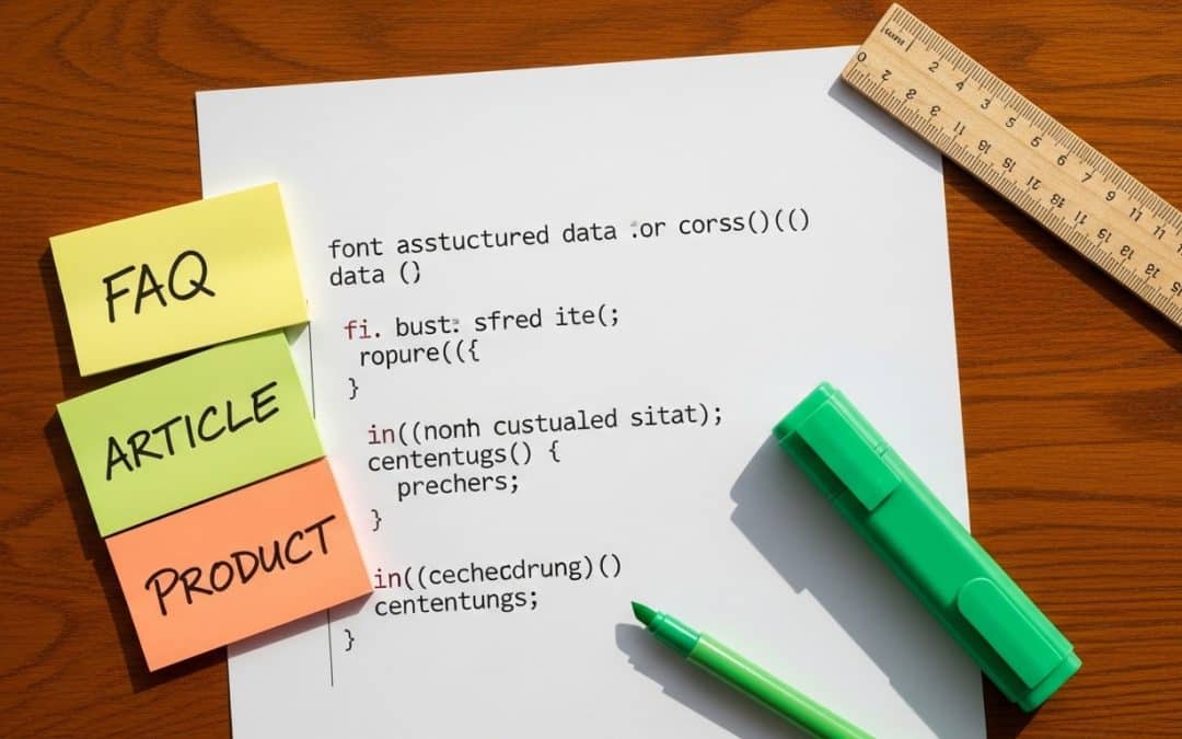 Schema markup in South Africa — a printed JSON-LD code snippet on a wooden desk beside sticky notes labelled with schema types and a green highlighter
