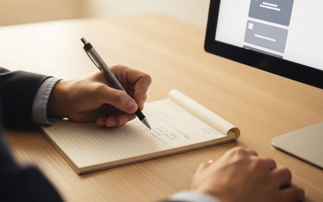 Social commerce in South Africa — a hand writing on a notepad beside a partial monitor edge showing a social media feed layout