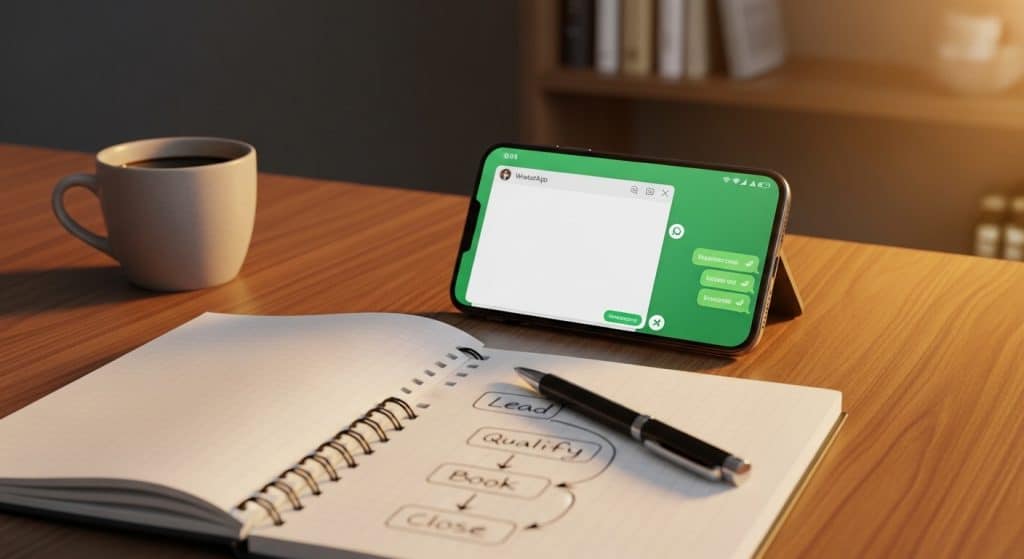 WhatsApp for lead generation South Africa shown on a smartphone propped beside a notebook with handwritten lead pipeline notes