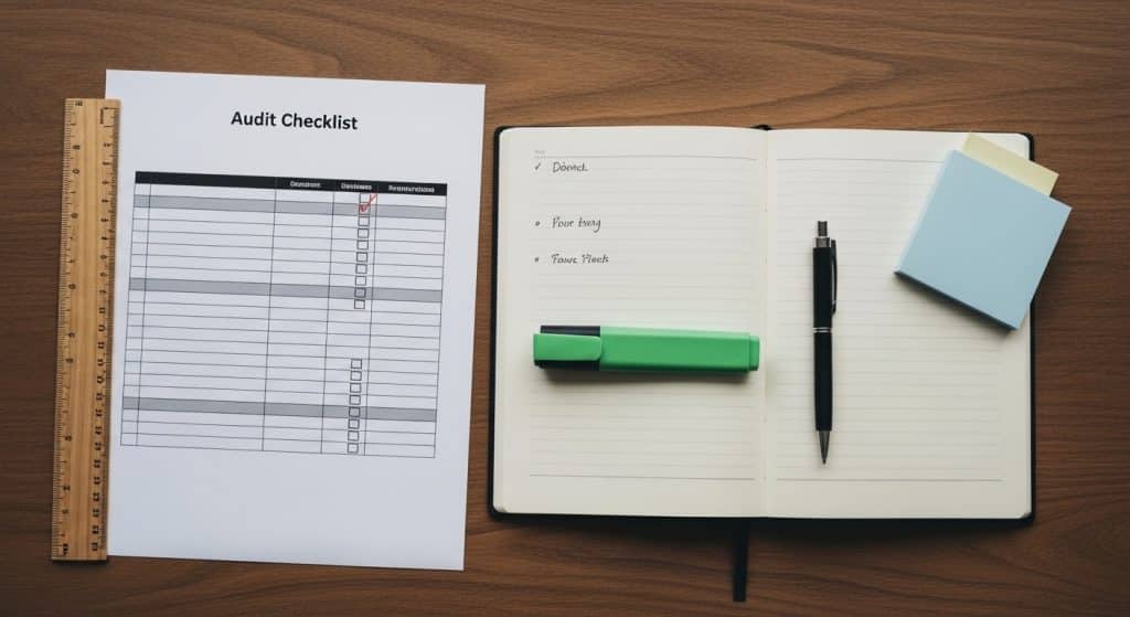 WhatsApp marketing audit South Africa — printed audit checklist, notebook, highlighter, and ruler flat-lay on a wooden desk