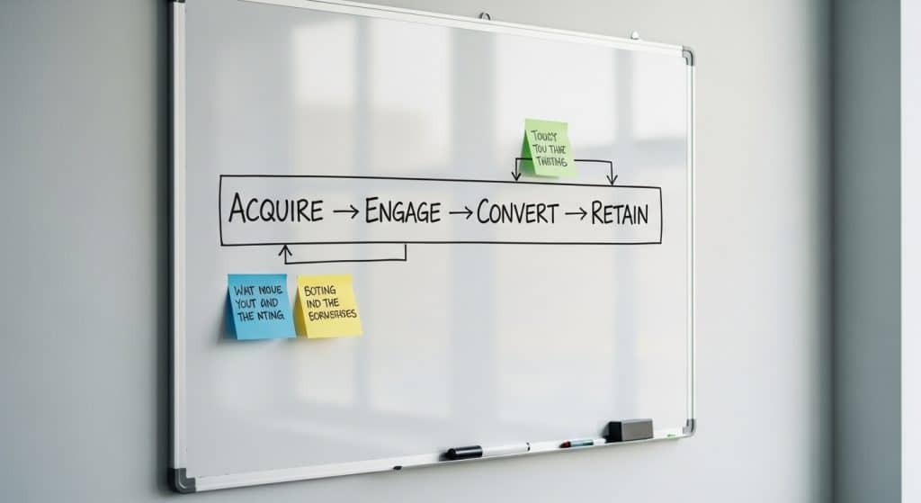 WhatsApp marketing strategy South Africa — whiteboard with hand-drawn flow diagram, sticky notes, and stages of a customer conversation funnel
